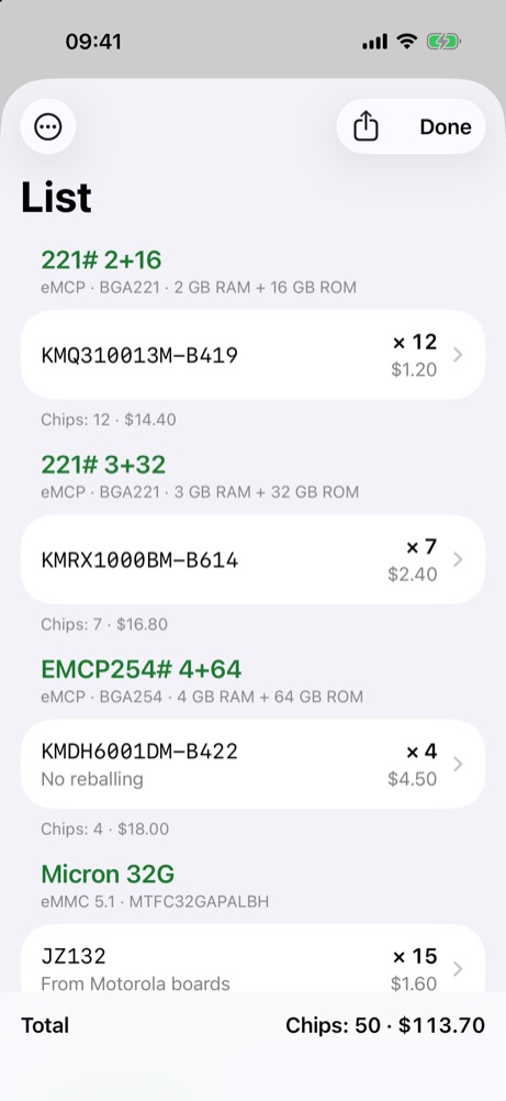 The ChipID list, with chips grouped by category, quantities and prices
