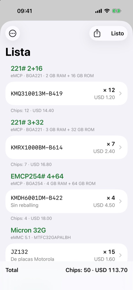 La lista de ChipID, con los chips agrupados por caja, cantidades y precios